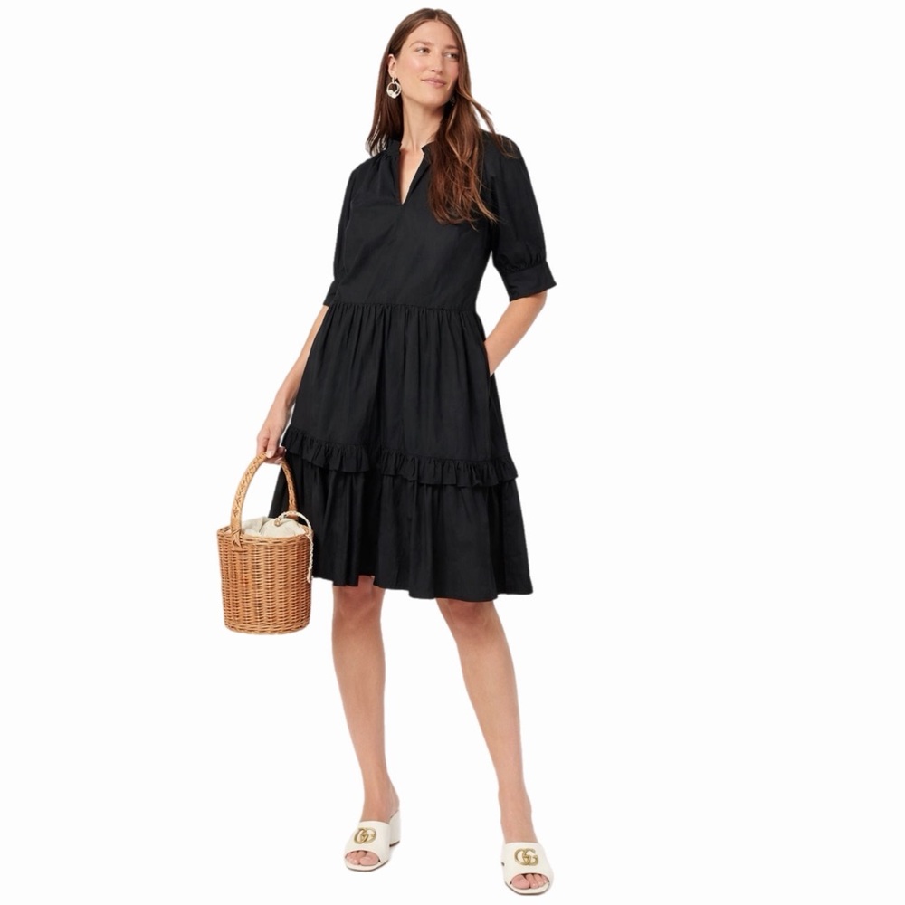 JCREW Black Poplin Cotton Tiered Ruffle Short Sleeve Dress M Picnic Summer